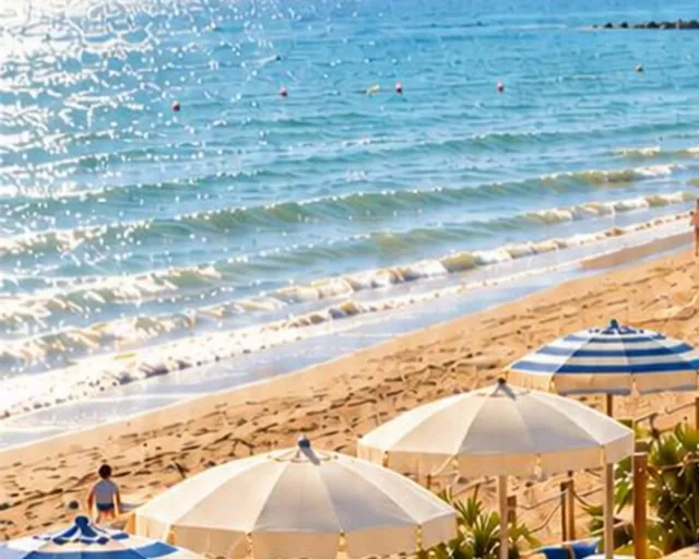 Spiaggia con mare, battigia e ombrelloni bianchi e blu